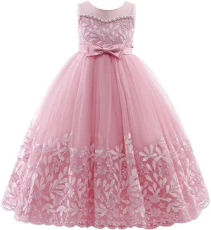 IBTOM CASTLE Flower Girl Pageant Embroidery Lace Tulle Dress for Kids Wedding Bridesmaid Birthday Party Formal Princess Gown