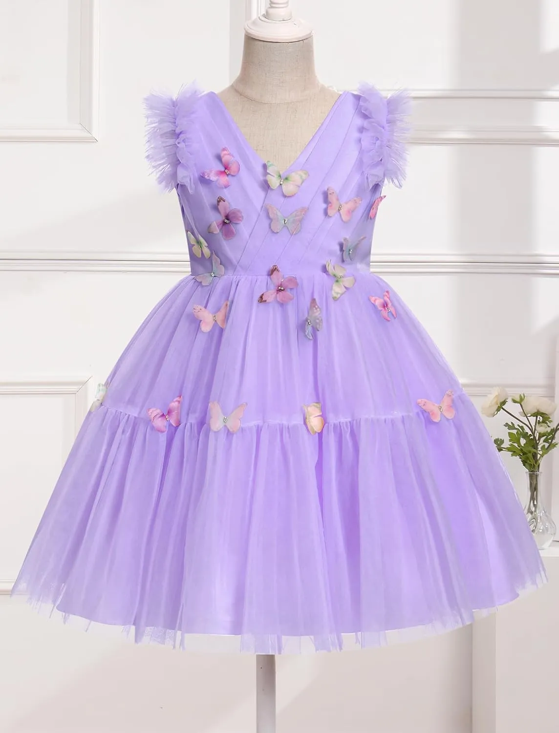 IBTOM CASTLE Flower Girls Dresses for Wedding Sleeveless V Neck Pleated Princess Ruffle Tulle Tutu Dress Birthday Party Dress