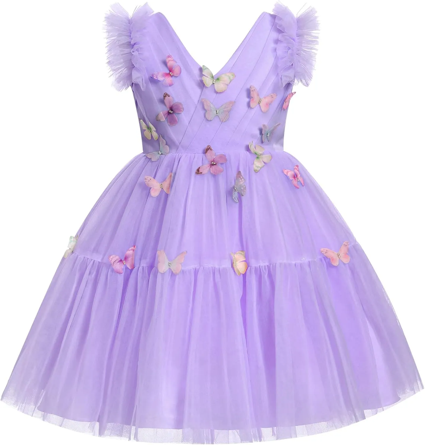 IBTOM CASTLE Flower Girls Dresses for Wedding Sleeveless V Neck Pleated Princess Ruffle Tulle Tutu Dress Birthday Party Dress