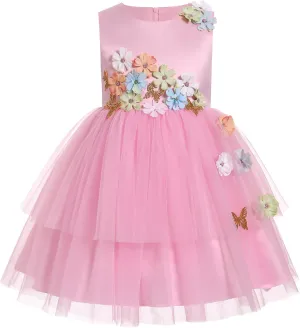IBTOM CASTLE Toddler Flower Girl Dress Sleevelss 3D Flowers Tiered Tulle Tutu Dress Kids Princess Formal Birthday Party Dress