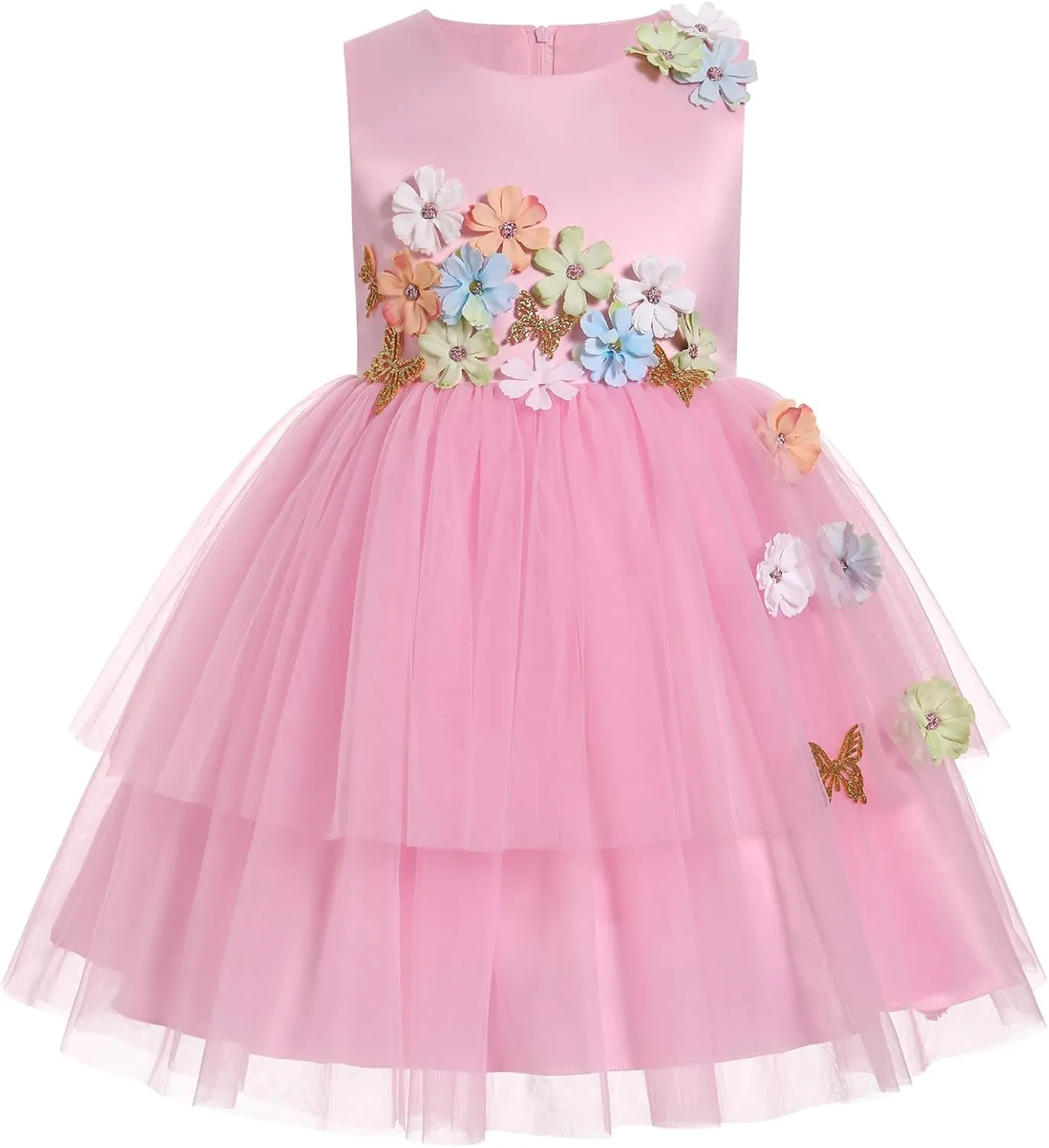 IBTOM CASTLE Toddler Flower Girl Dress Sleevelss 3D Flowers Tiered Tulle Tutu Dress Kids Princess Formal Birthday Party Dress