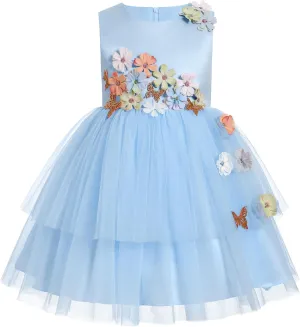IBTOM CASTLE Toddler Flower Girl Dress Sleevelss 3D Flowers Tiered Tulle Tutu Dress Kids Princess Formal Birthday Party Dress