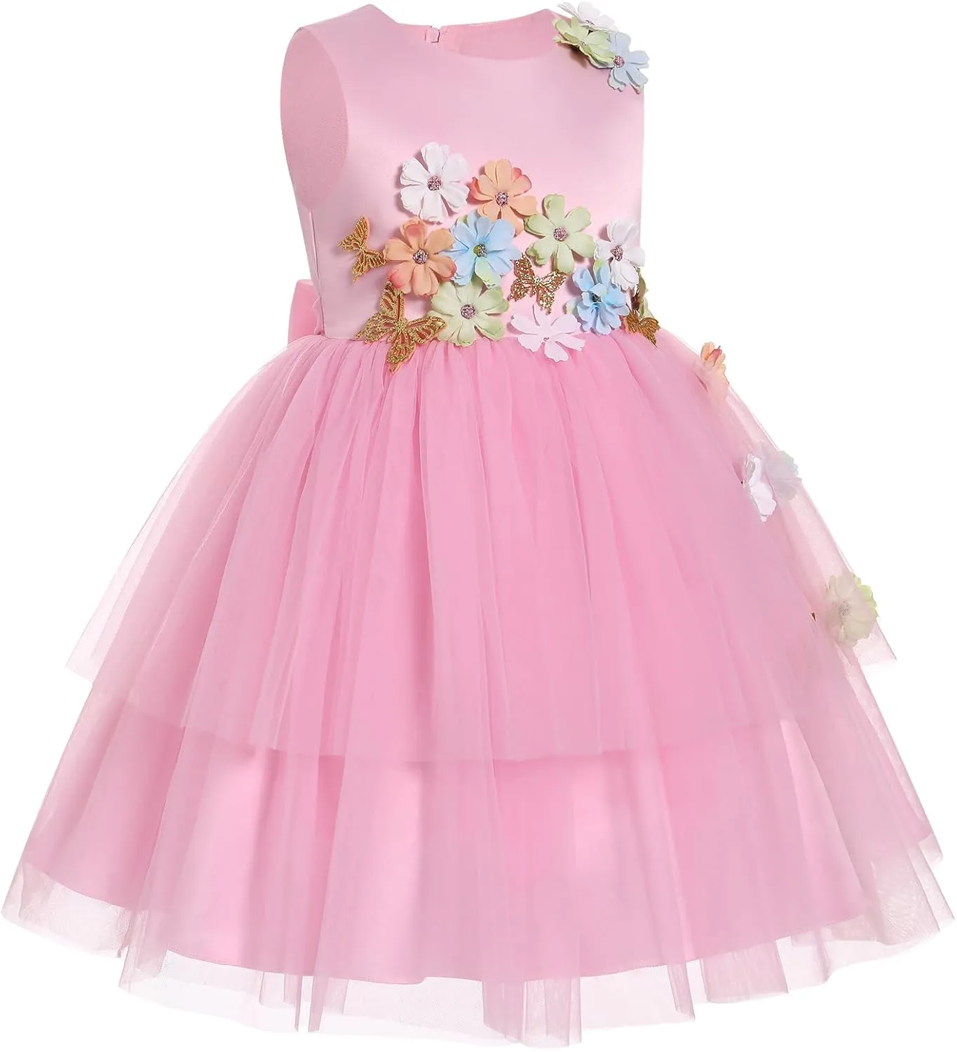 IBTOM CASTLE Toddler Flower Girl Dress Sleevelss 3D Flowers Tiered Tulle Tutu Dress Kids Princess Formal Birthday Party Dress
