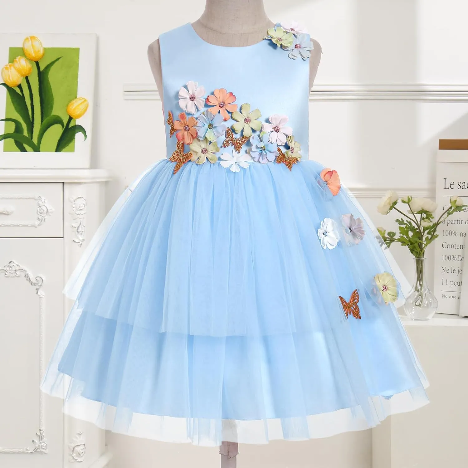 IBTOM CASTLE Toddler Flower Girl Dress Sleevelss 3D Flowers Tiered Tulle Tutu Dress Kids Princess Formal Birthday Party Dress