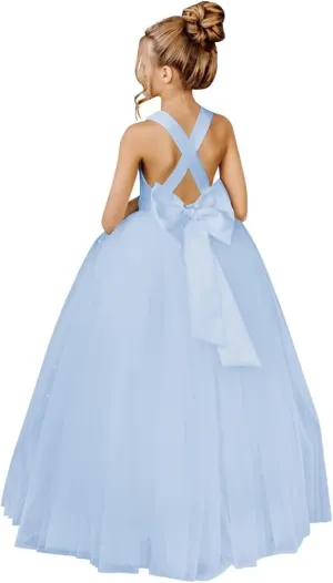 JISISANG Crossed Straps Flower Girl Dress Satin Long Prom Dress with Bow Puffy Tulle Pageant Dresses for Girls