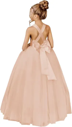JISISANG Crossed Straps Flower Girl Dress Satin Long Prom Dress with Bow Puffy Tulle Pageant Dresses for Girls