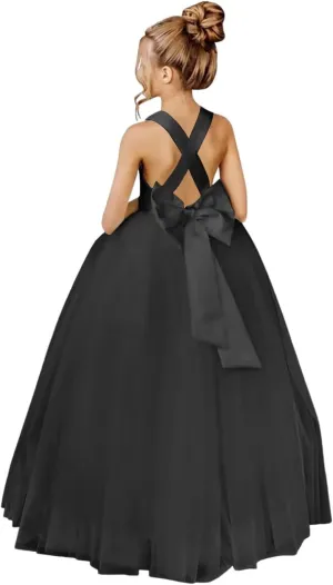 JISISANG Crossed Straps Flower Girl Dress Satin Long Prom Dress with Bow Puffy Tulle Pageant Dresses for Girls