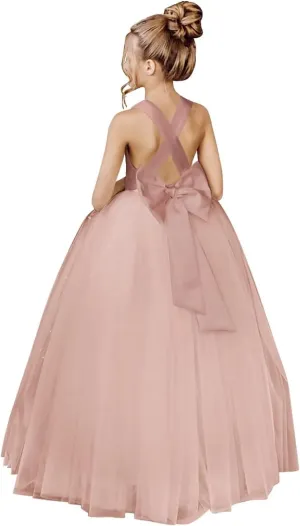 JISISANG Crossed Straps Flower Girl Dress Satin Long Prom Dress with Bow Puffy Tulle Pageant Dresses for Girls
