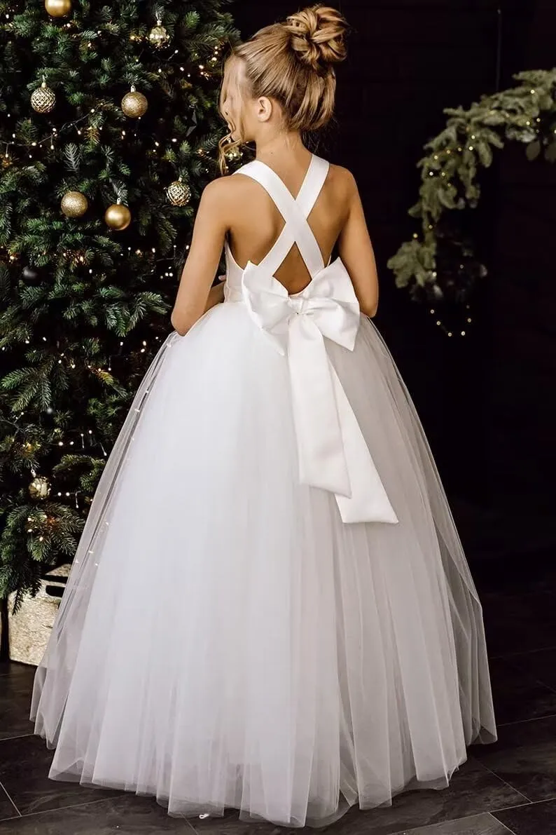 JISISANG Crossed Straps Flower Girl Dress Satin Long Prom Dress with Bow Puffy Tulle Pageant Dresses for Girls