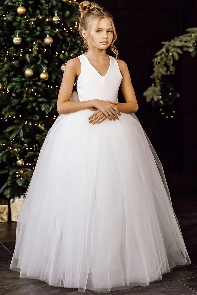 JISISANG Crossed Straps Flower Girl Dress Satin Long Prom Dress with Bow Puffy Tulle Pageant Dresses for Girls