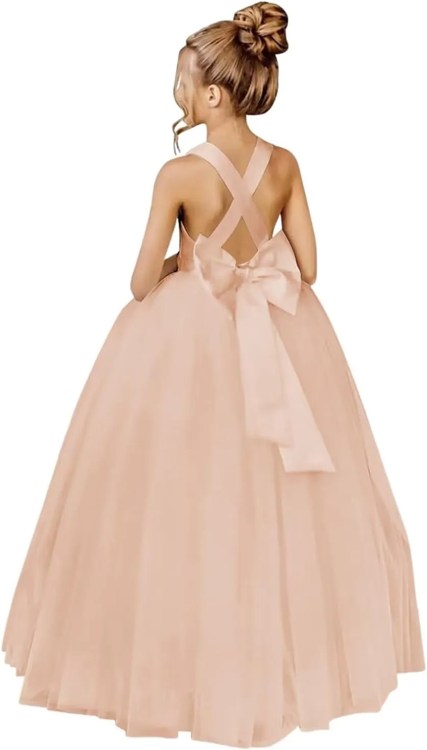 JISISANG Crossed Straps Flower Girl Dress Satin Long Prom Dress with Bow Puffy Tulle Pageant Dresses for Girls