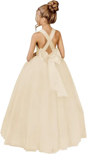 JISISANG Crossed Straps Flower Girl Dress Satin Long Prom Dress with Bow Puffy Tulle Pageant Dresses for Girls