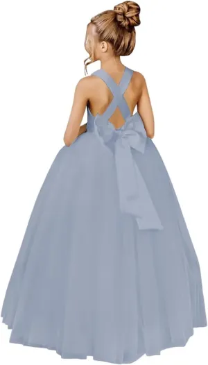 JISISANG Crossed Straps Flower Girl Dress Satin Long Prom Dress with Bow Puffy Tulle Pageant Dresses for Girls
