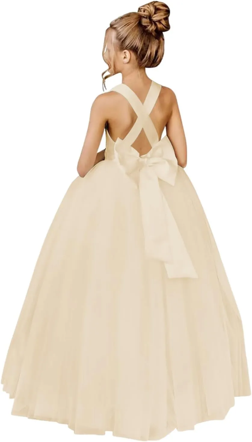 JISISANG Crossed Straps Flower Girl Dress Satin Long Prom Dress with Bow Puffy Tulle Pageant Dresses for Girls