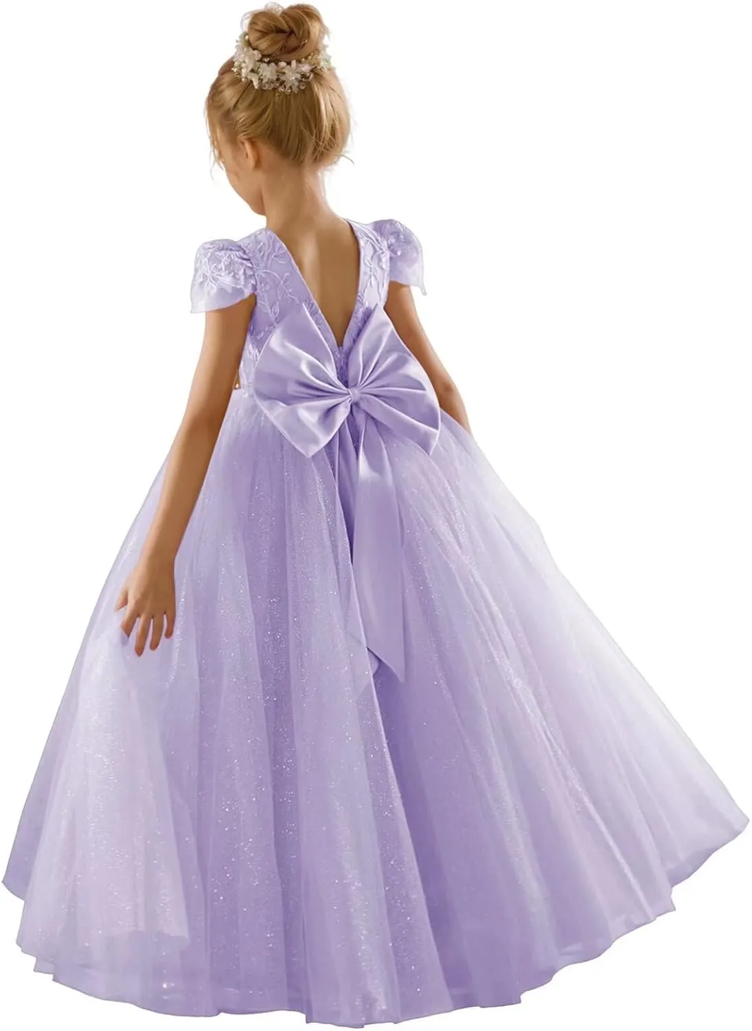 JISISANG Flower Girls Lace Cap Sleeve Dress for Wedding Puffy Tulle Back V-Neck Pageant Prom Ball Gown with Bow