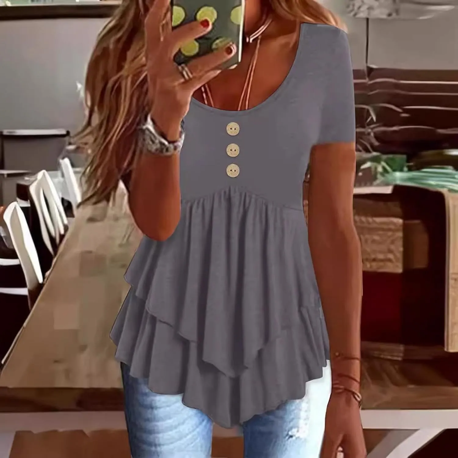JOAU Womens Summer Short Sleeve Tunic Tops Casual Pleated Crew Neck Babydoll Shirts Flowy Ruffle Button Beach Peplum Blouses