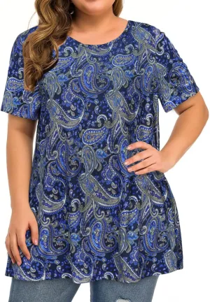 JOELLYUS Plus Size Tops for Women Tunic Floral Casual Short Sleeves T Shirts Flowy Blouses