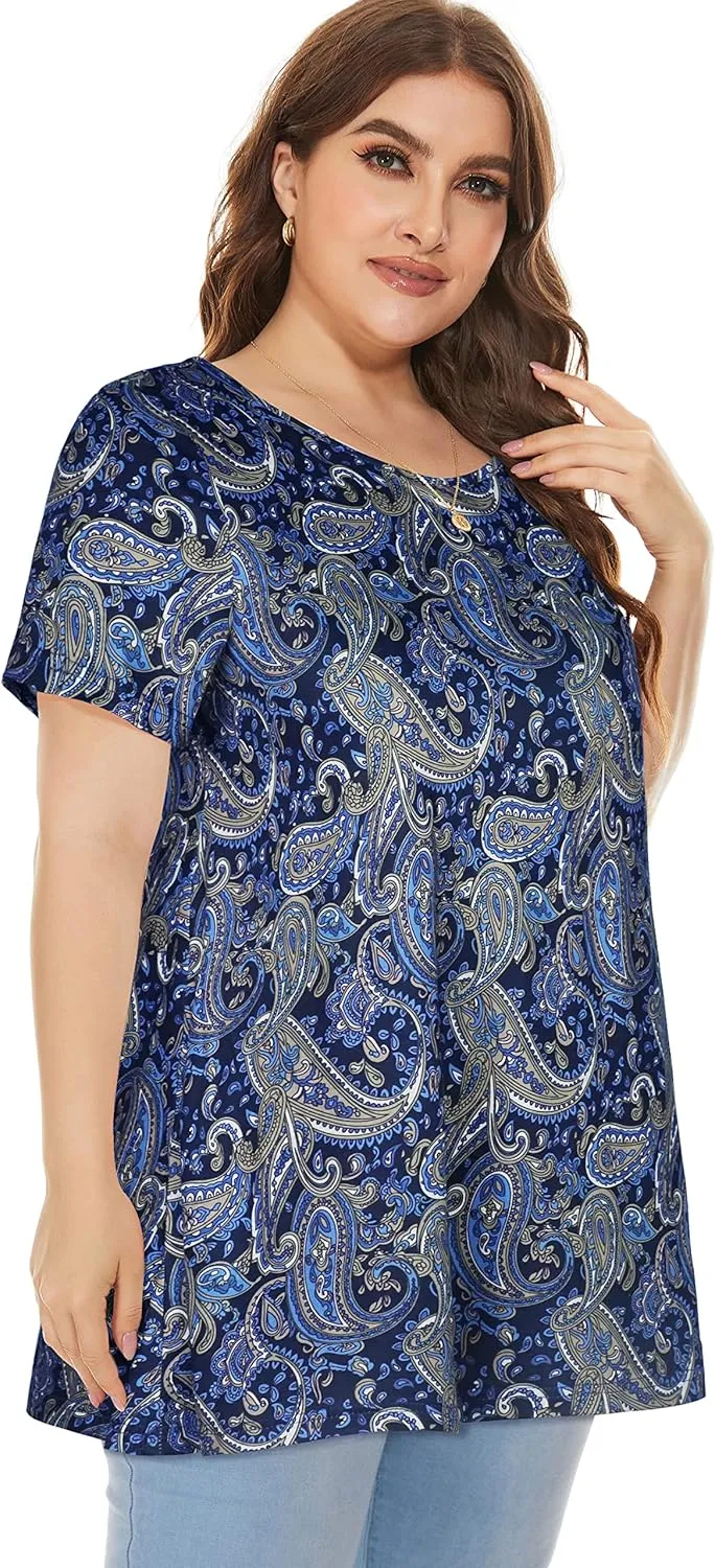 JOELLYUS Plus Size Tops for Women Tunic Floral Casual Short Sleeves T Shirts Flowy Blouses