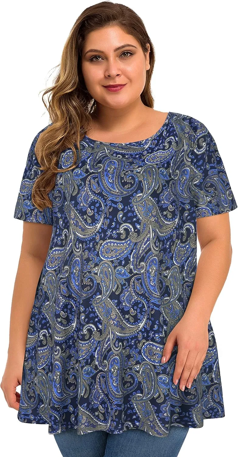 JOELLYUS Plus Size Tops for Women Tunic Floral Casual Short Sleeves T Shirts Flowy Blouses
