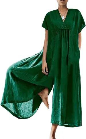 Jumpsuits for Women 2024 Summer Loose Wide Leg Jumpsuits Solid Color Plus Size Short Sleeve Rompers Overalls