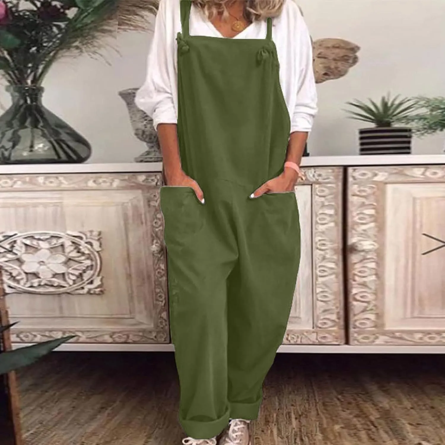 Jumpsuits for Women Summer Wide Leg Bib Pants Casual Loose Overalls Cotton Linen Pants Plus Size Rompers with Pockets