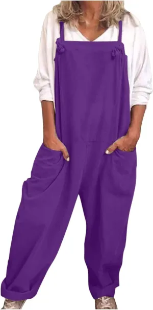 Jumpsuits for Women Summer Wide Leg Bib Pants Casual Loose Overalls Cotton Linen Pants Plus Size Rompers with Pockets