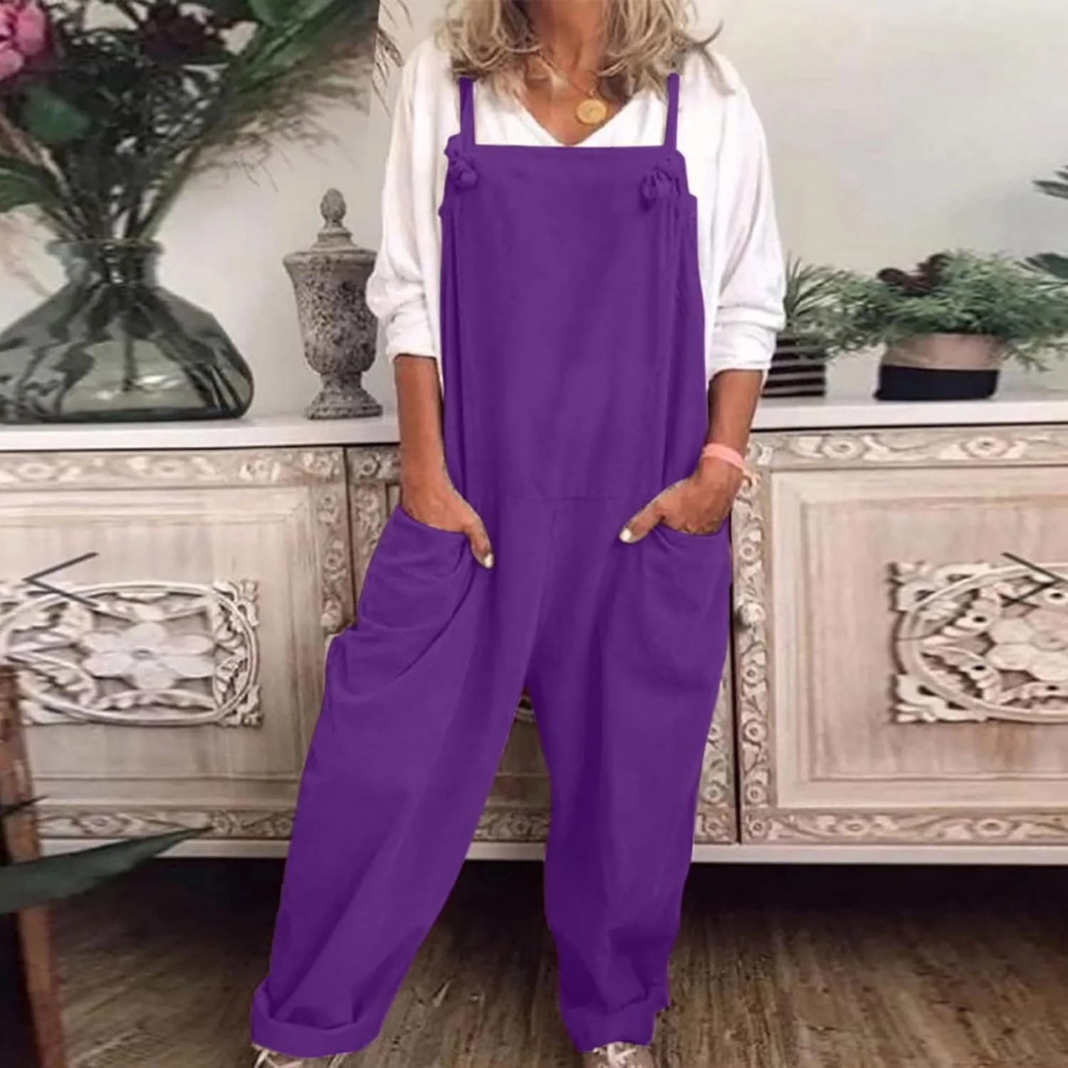 Jumpsuits for Women Summer Wide Leg Bib Pants Casual Loose Overalls Cotton Linen Pants Plus Size Rompers with Pockets