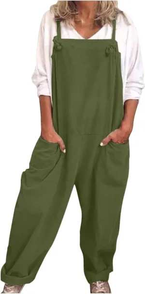 Jumpsuits for Women Summer Wide Leg Bib Pants Casual Loose Overalls Cotton Linen Pants Plus Size Rompers with Pockets