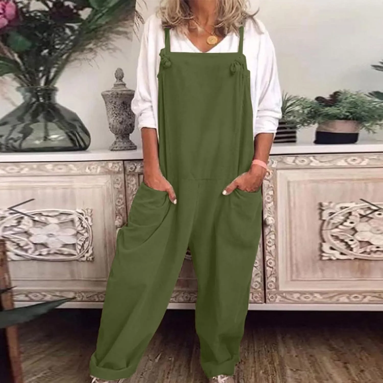 Jumpsuits for Women Summer Wide Leg Bib Pants Casual Loose Overalls Cotton Linen Pants Plus Size Rompers with Pockets