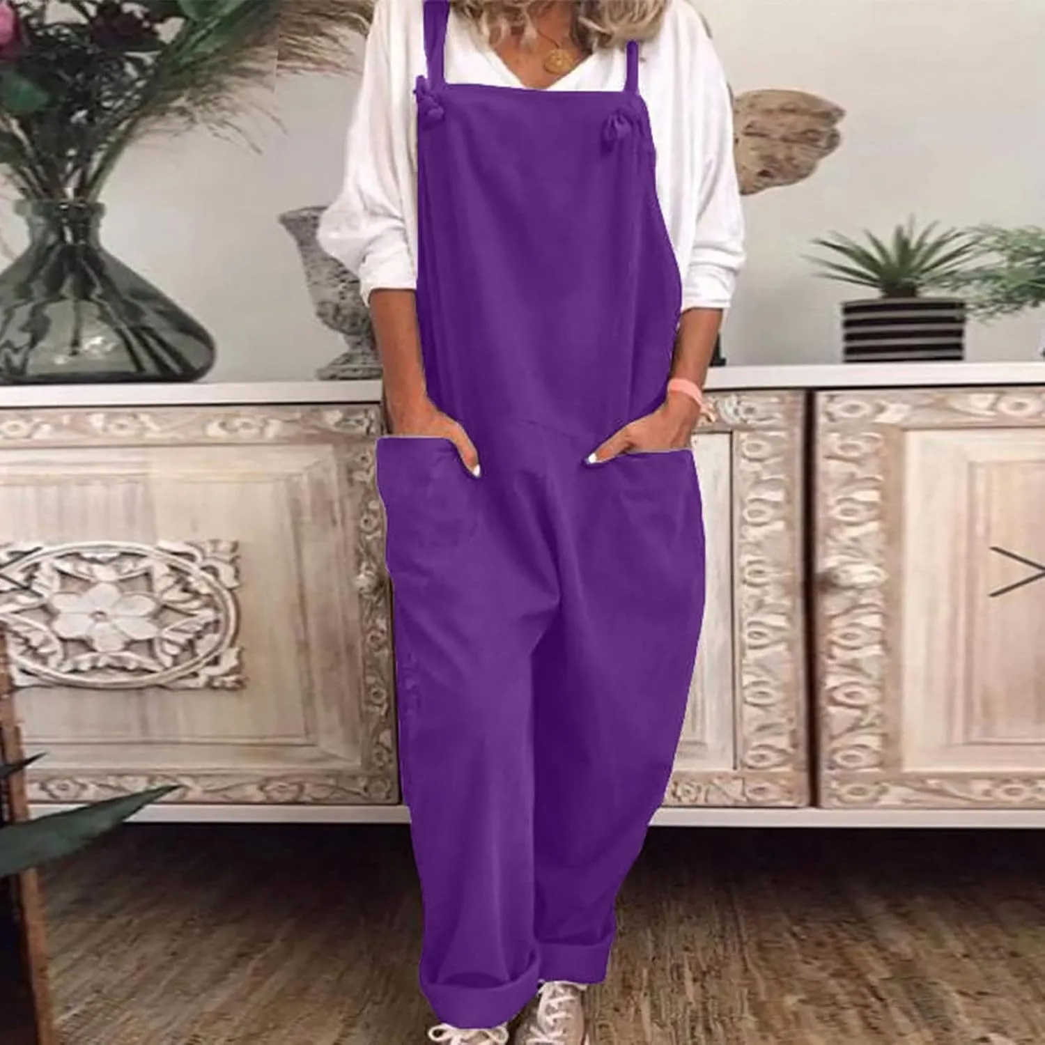 Jumpsuits for Women Summer Wide Leg Bib Pants Casual Loose Overalls Cotton Linen Pants Plus Size Rompers with Pockets