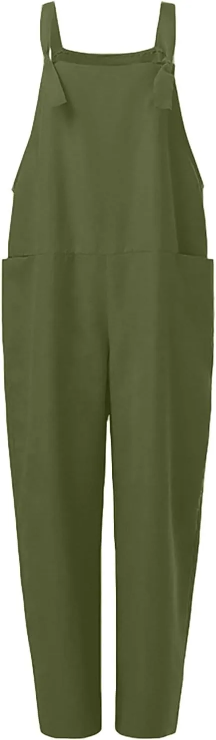 Jumpsuits for Women Summer Wide Leg Bib Pants Casual Loose Overalls Cotton Linen Pants Plus Size Rompers with Pockets