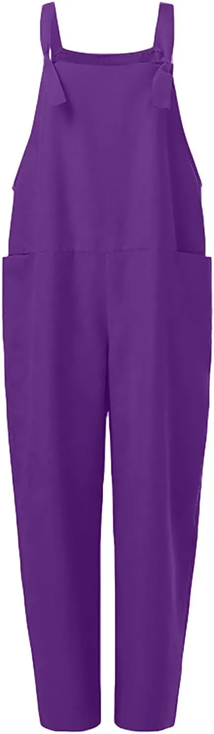 Jumpsuits for Women Summer Wide Leg Bib Pants Casual Loose Overalls Cotton Linen Pants Plus Size Rompers with Pockets