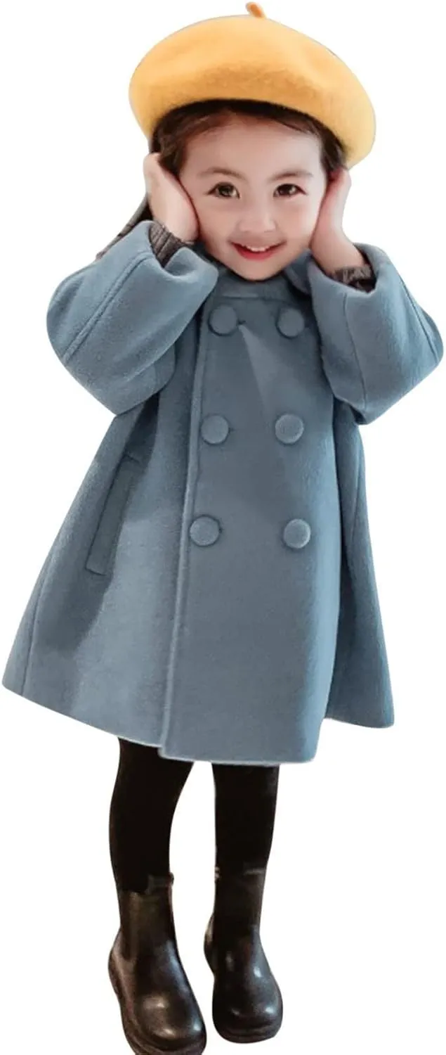 KAGAYD Toddler Girls Faux Wool Trench Coat Long Sleeve Double Breasted Jacket Warm Winter Outerwear Clothes