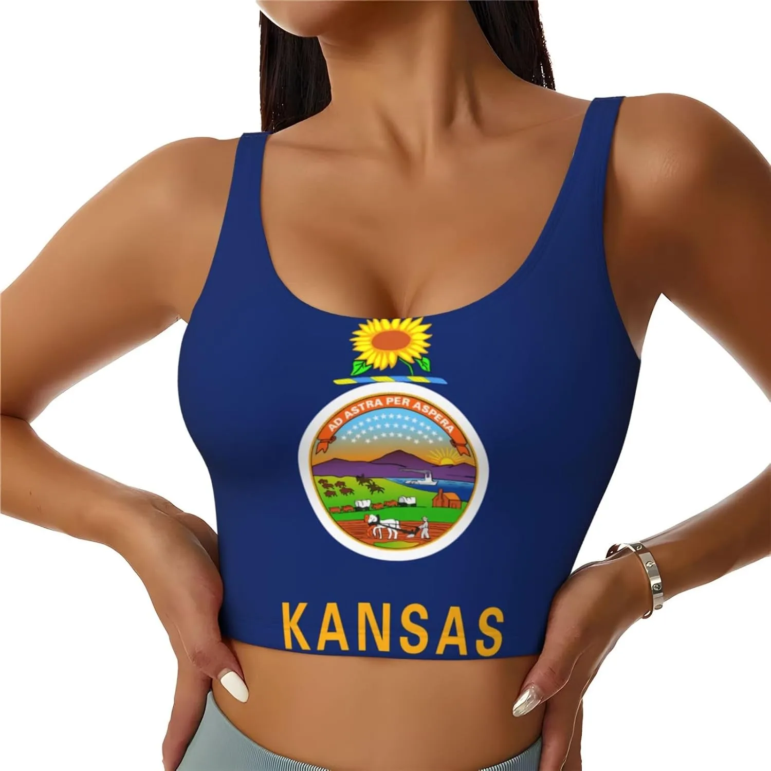 Kansas State Flag Women's Sexy Sports Vest Sleeveless Athletic Gym T-Shirts Vest U-Shaped Back Quick Dry Top