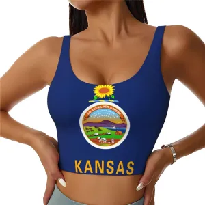 Kansas State Flag Women's Sexy Sports Vest Sleeveless Athletic Gym T-Shirts Vest U-Shaped Back Quick Dry Top