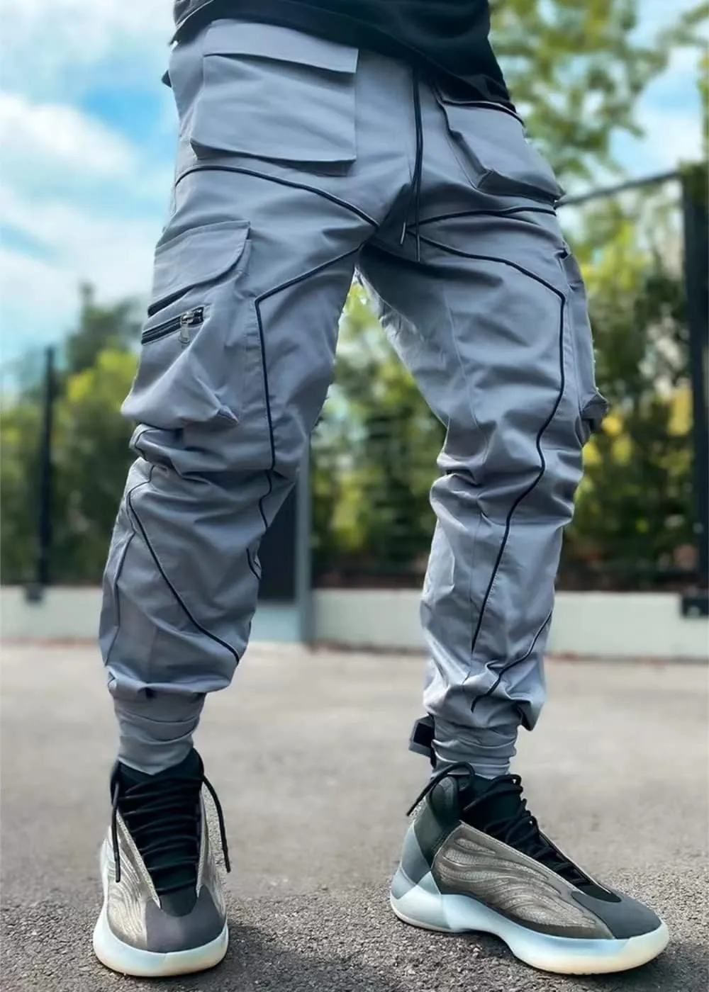 KCLOT Men's Techwear Cargo Pants Fashion Multi-Pocket Reflective Jogger Sweatpants