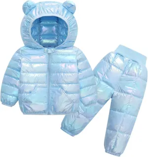 Kids Two Piece Winter Suit Baby Toddler Boy Girl Down Puffer Jackets Bear Hoods Down Coat and Pants Warm (D, 3-4 Years)