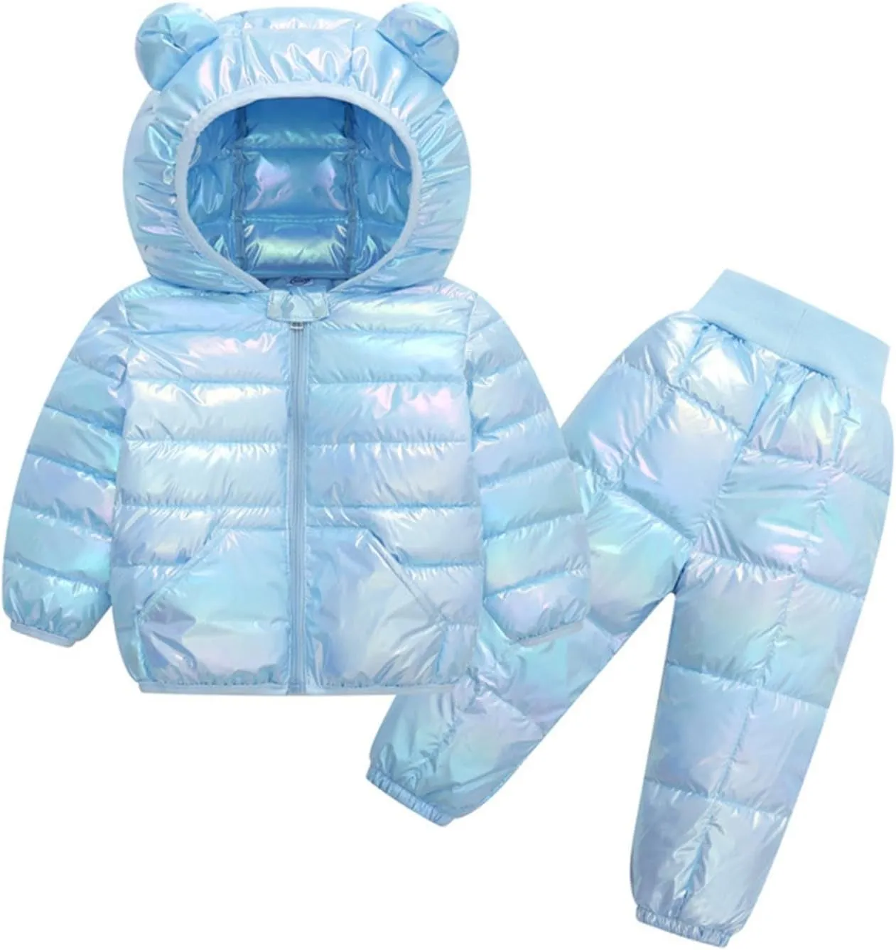 Kids Two Piece Winter Suit Baby Toddler Boy Girl Down Puffer Jackets Bear Hoods Down Coat and Pants Warm (D, 3-4 Years)
