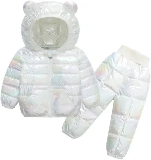 Kids Two Piece Winter Suit Baby Toddler Boy Girl Down Puffer Jackets Bear Hoods Down Coat and Pants (White, 5-6 Years)