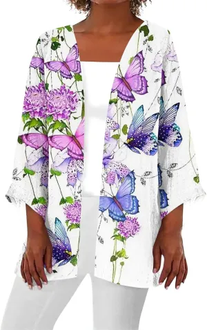 Kimonos for Women Casual 3/4 Sleeve Print Open Front Cardigan Trendy Flowy Casual Loose Resort Wear Dressy Jacket