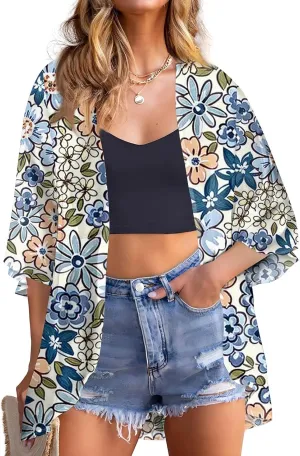 Kimonos for Women Floral Print Puff Sleeve Chiffon Cardigan Loose Casual Summer Tops Beach Cover Up Resort Wear