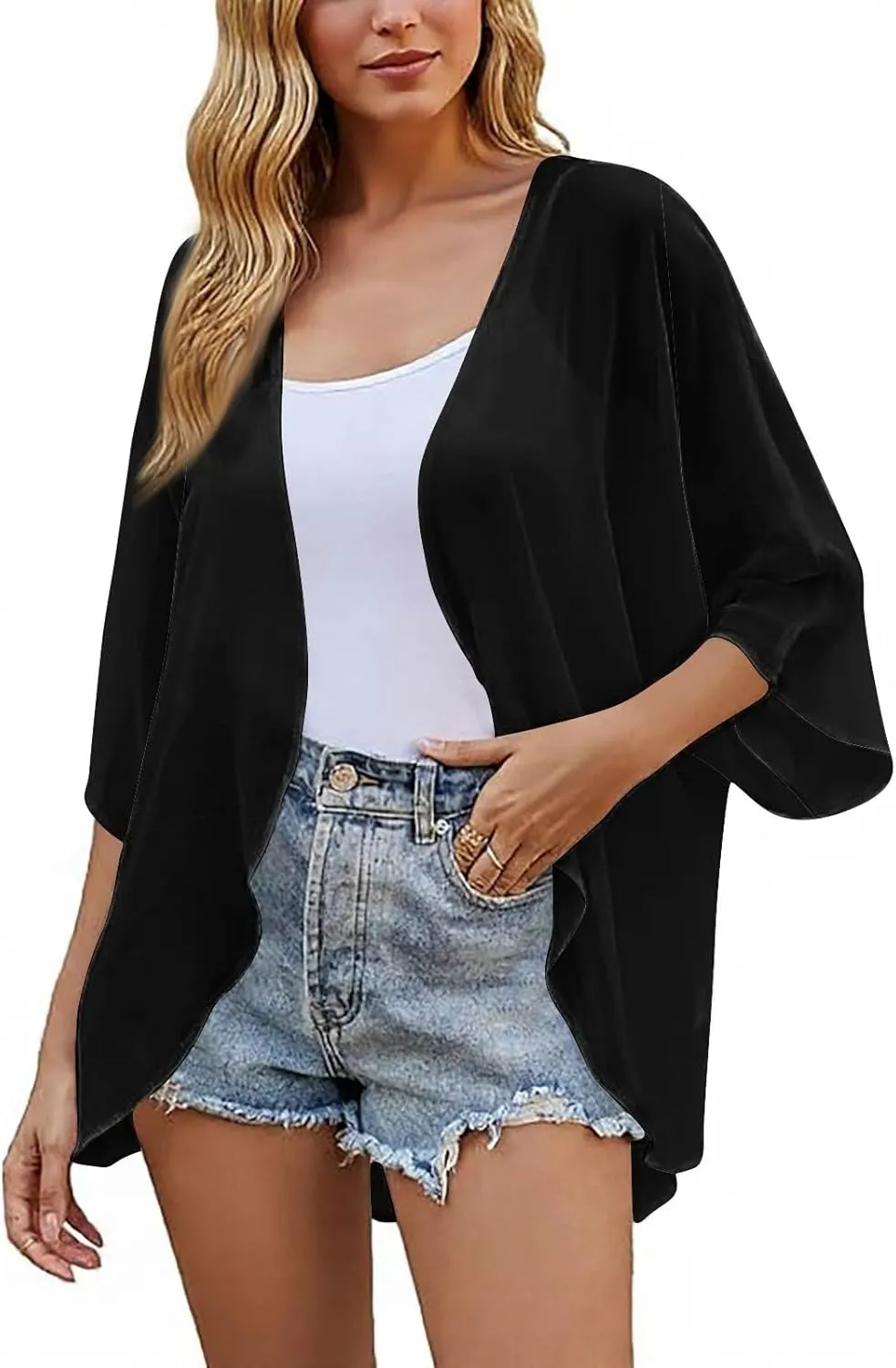 Kimonos for Women Floral Print Puff Sleeve Chiffon Cardigan Loose Casual Summer Tops Beach Cover Up Resort Wear