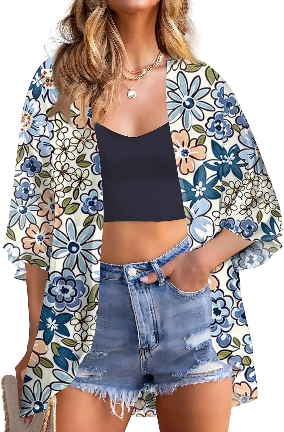 Kimonos for Women Floral Print Puff Sleeve Chiffon Cardigan Loose Casual Summer Tops Beach Cover Up Resort Wear