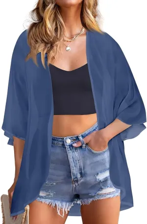 Kimonos for Women Floral Print Puff Sleeve Chiffon Cardigan Loose Casual Summer Tops Beach Cover Up Resort Wear