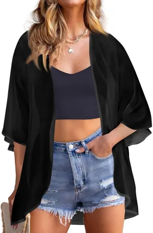 Kimonos for Women Floral Print Puff Sleeve Chiffon Cardigan Loose Casual Summer Tops Beach Cover Up Resort Wear