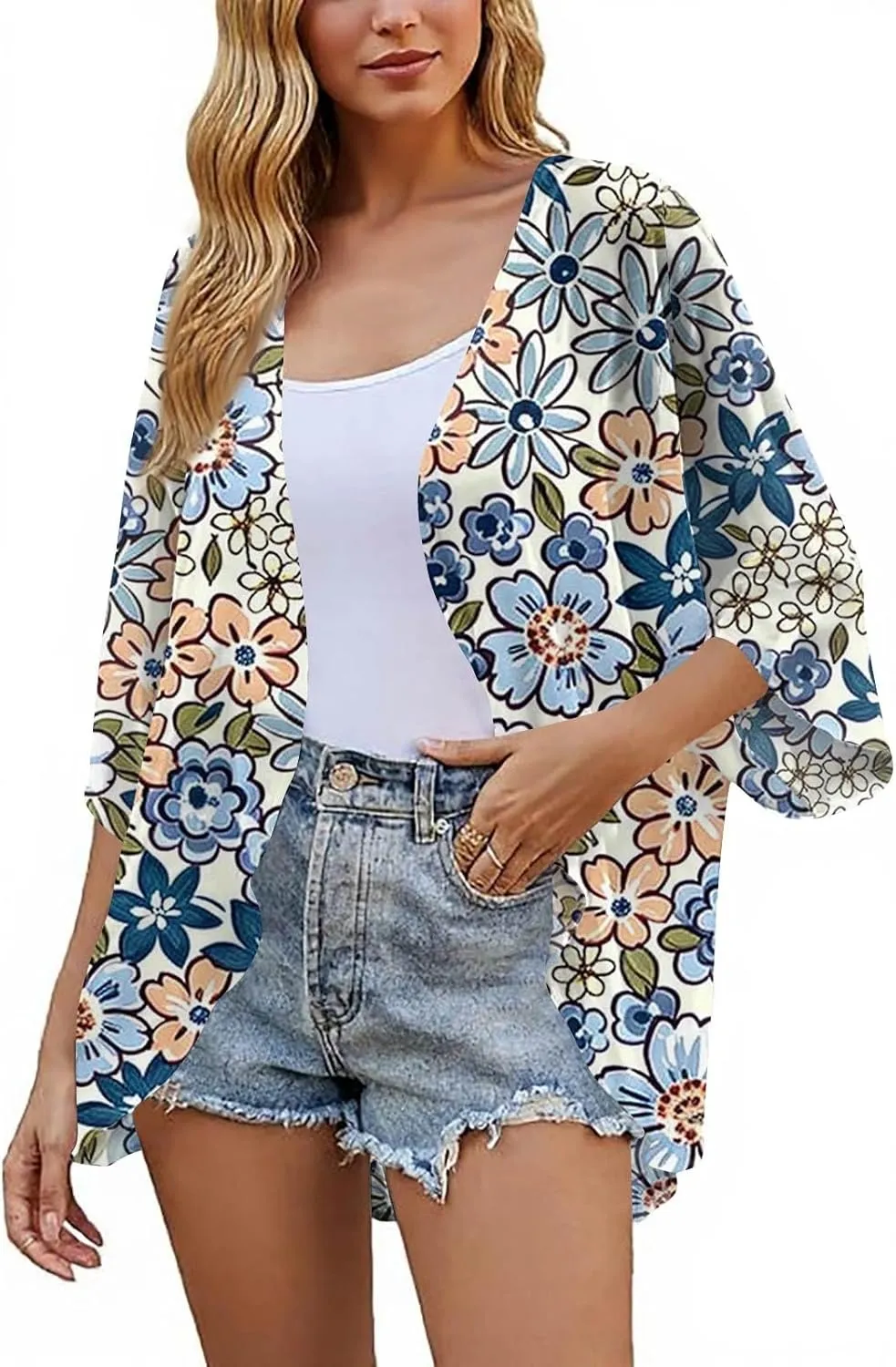 Kimonos for Women Floral Print Puff Sleeve Chiffon Cardigan Loose Casual Summer Tops Beach Cover Up Resort Wear
