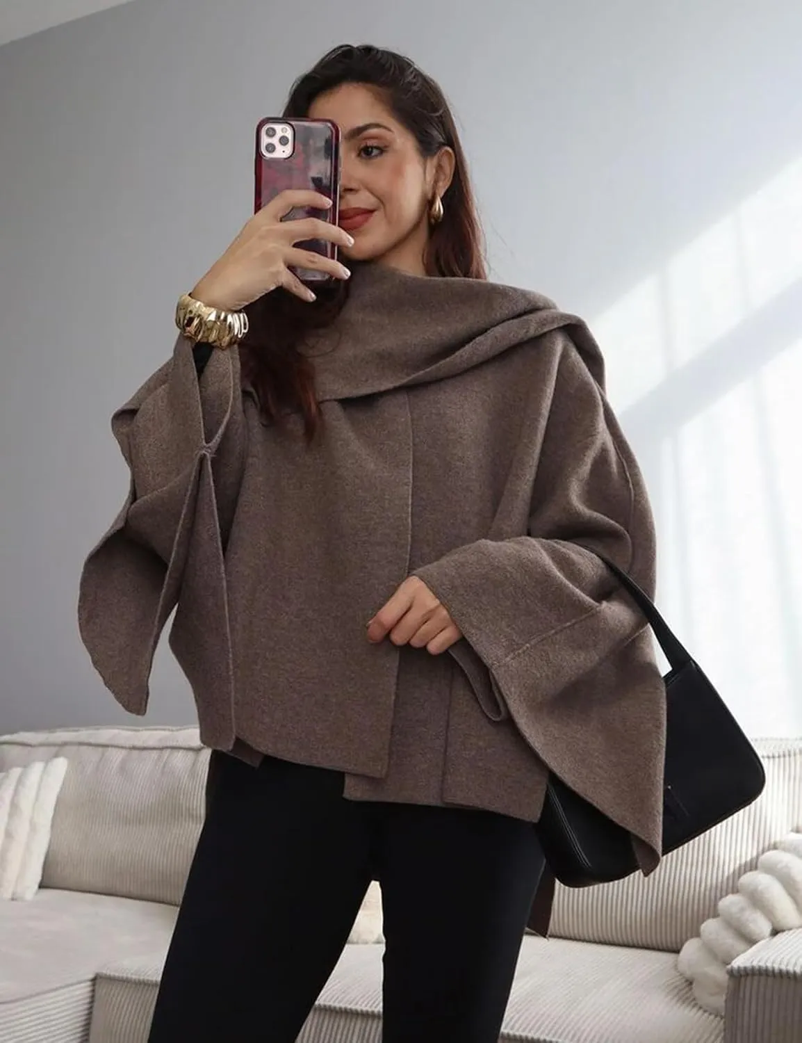 Kissonic Women's Oversized Scarf Jacket Shawl Wraps Knit Long Sleeve Button Winter Peacoat
