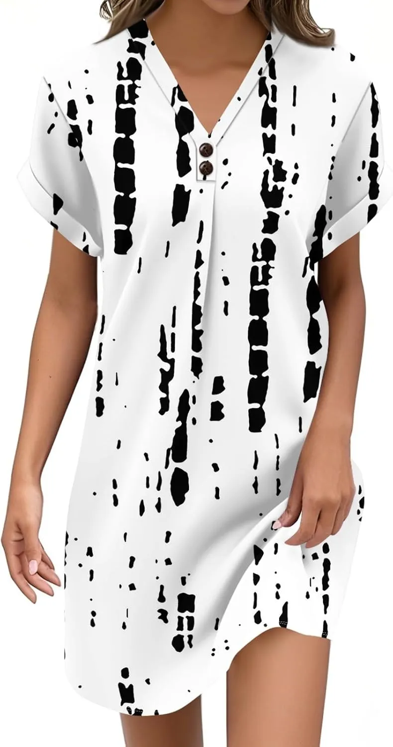 KUIOLYPOER Womens Summer Shirt Dress Short Sleeve Floral Shift Button Dress Casual Loose Flowy Beach Sundress