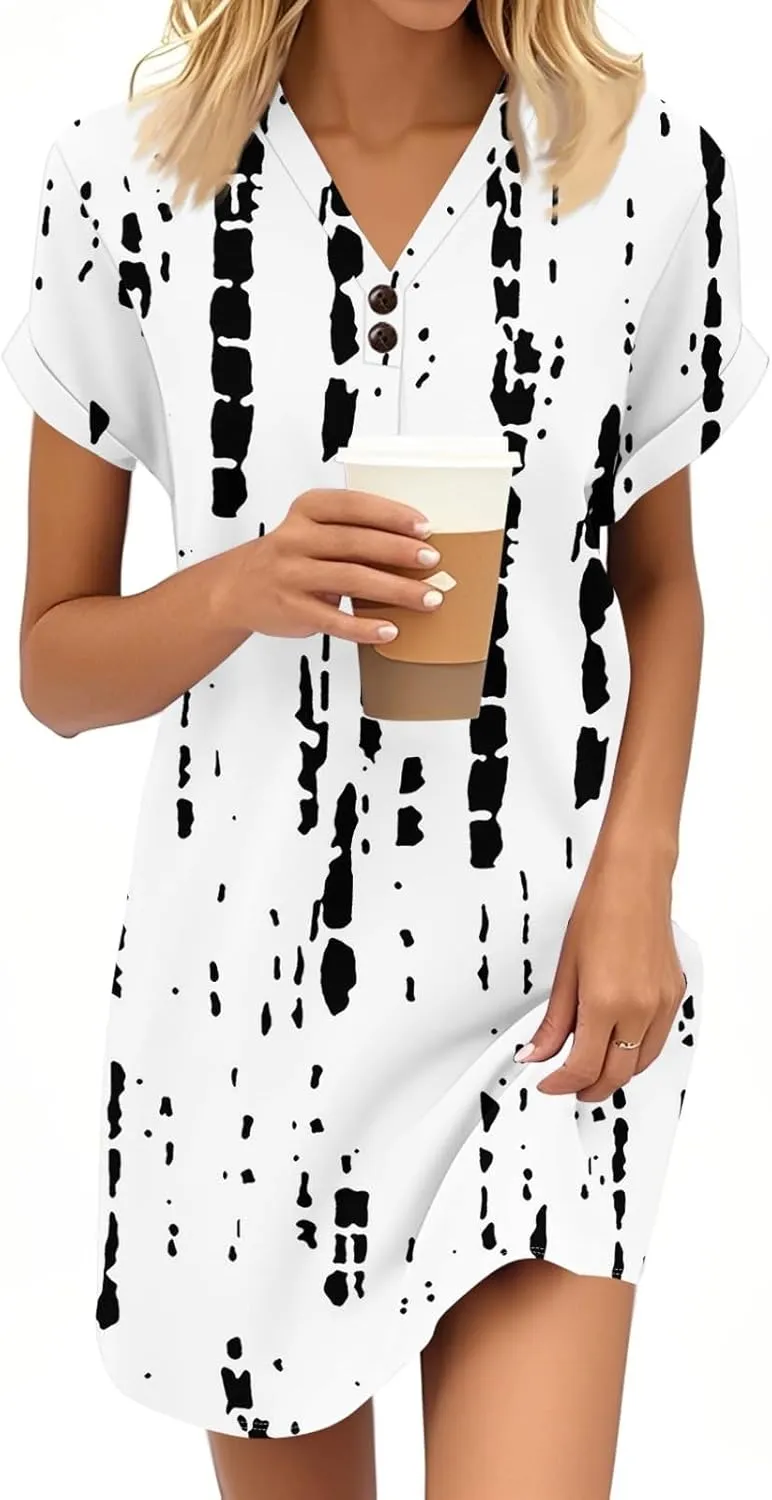 KUIOLYPOER Womens Summer Shirt Dress Short Sleeve Floral Shift Button Dress Casual Loose Flowy Beach Sundress