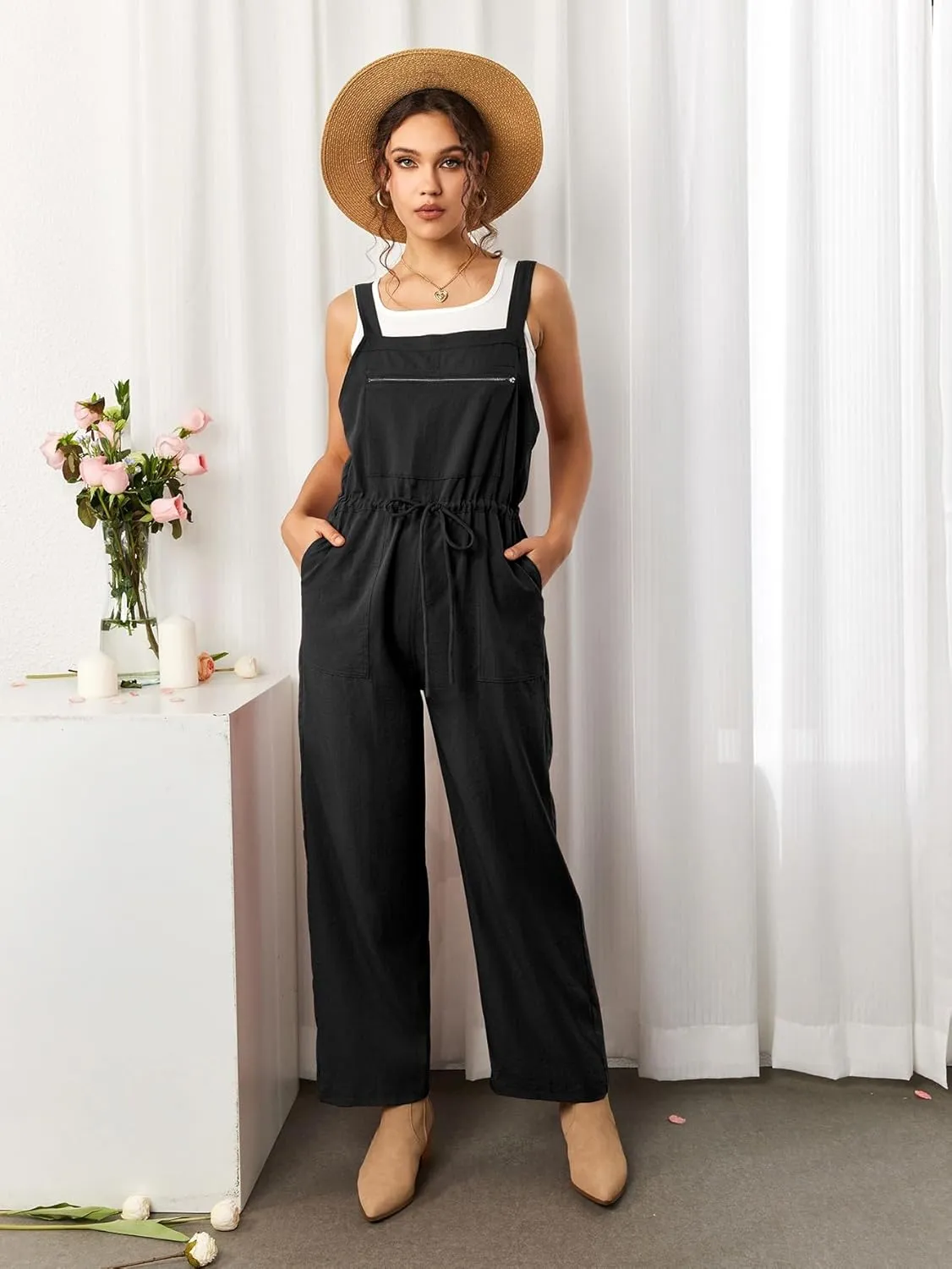 KUTUAMI Womens Wide Leg Jumpsuit Linen Overalls 2024 Casual Outfits Adjustable Strap Rompers with Pockets